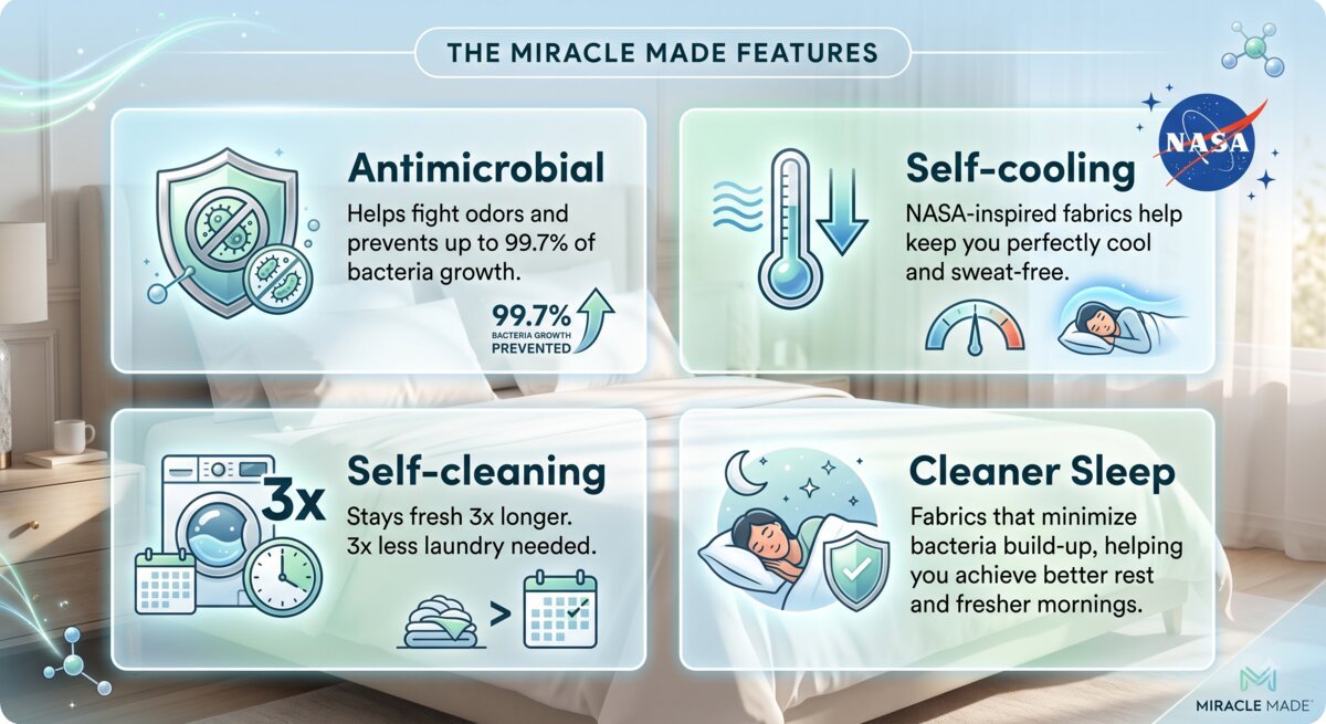 Miracle Made features: Antimicrobial 99.7%, Self-cooling NASA-inspired, Self-cleaning 3x longer, Cleaner Sleep